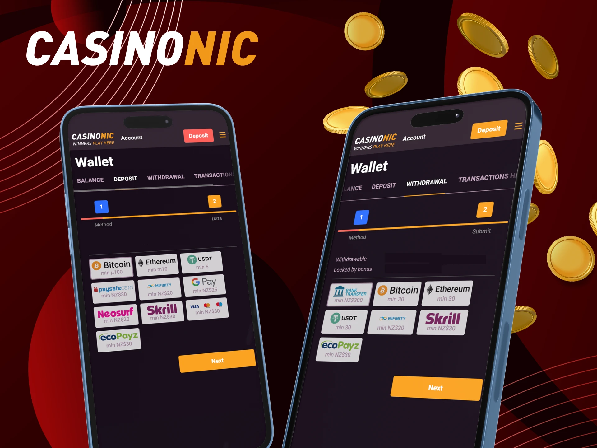 How to make a deposit and withdrawal of money from an account in the online casino CasinoNic in the mobile application.