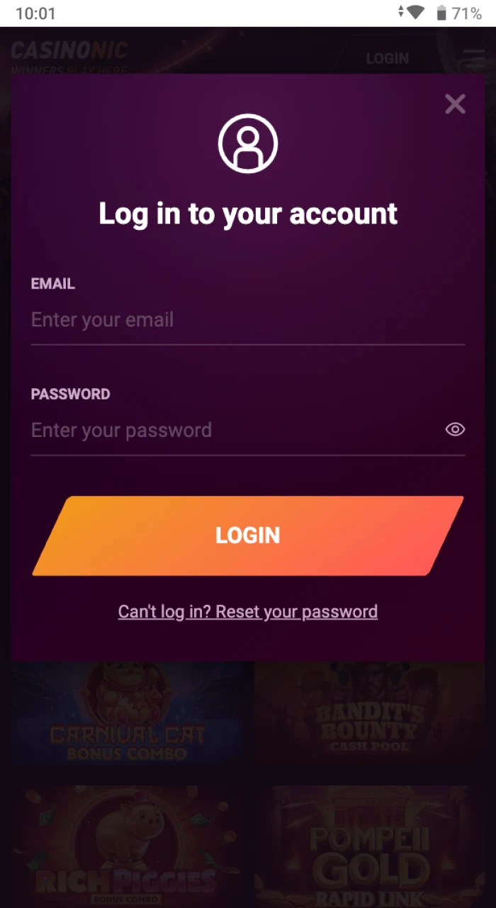 What does the authorization form look like in the online casino CasinoNic on an Android phone.