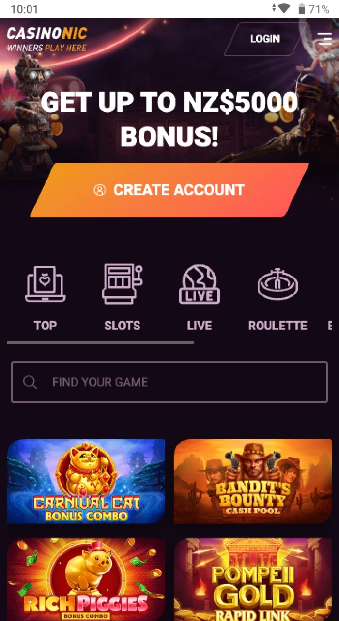 The main page of the online casino CasinoNic on an Android phone.