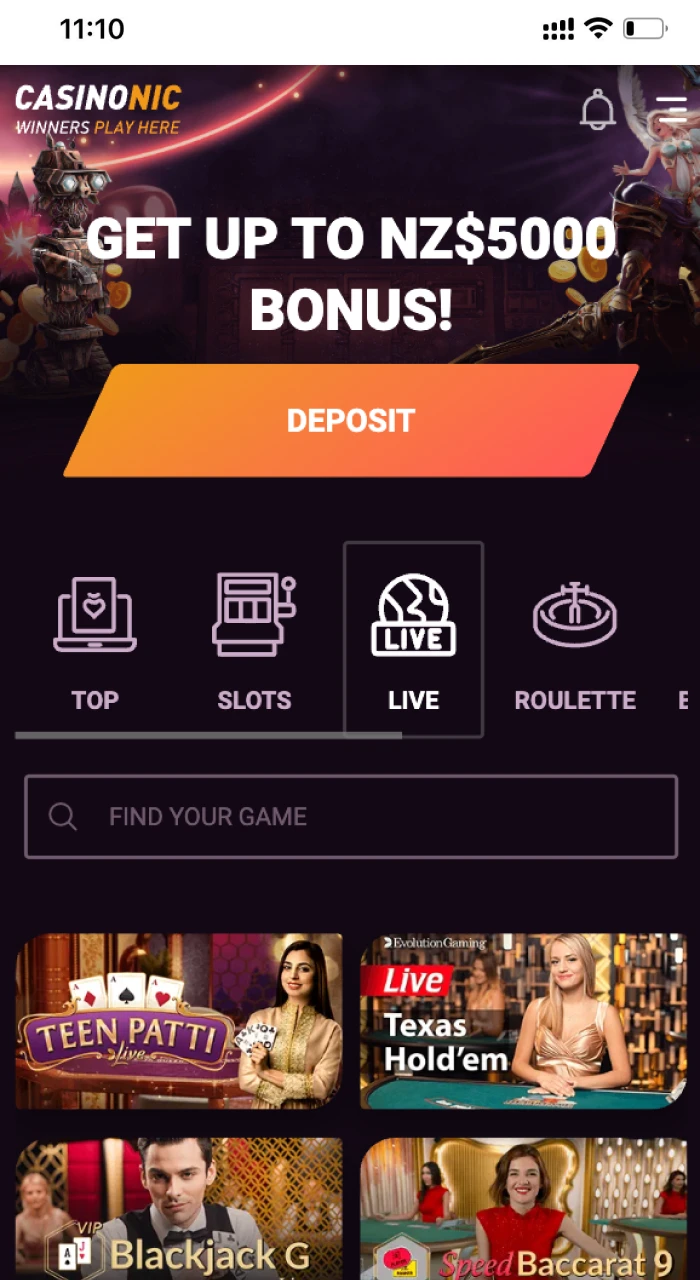 Home page of the official website of the online casino CasinoNic on an iOS phone.
