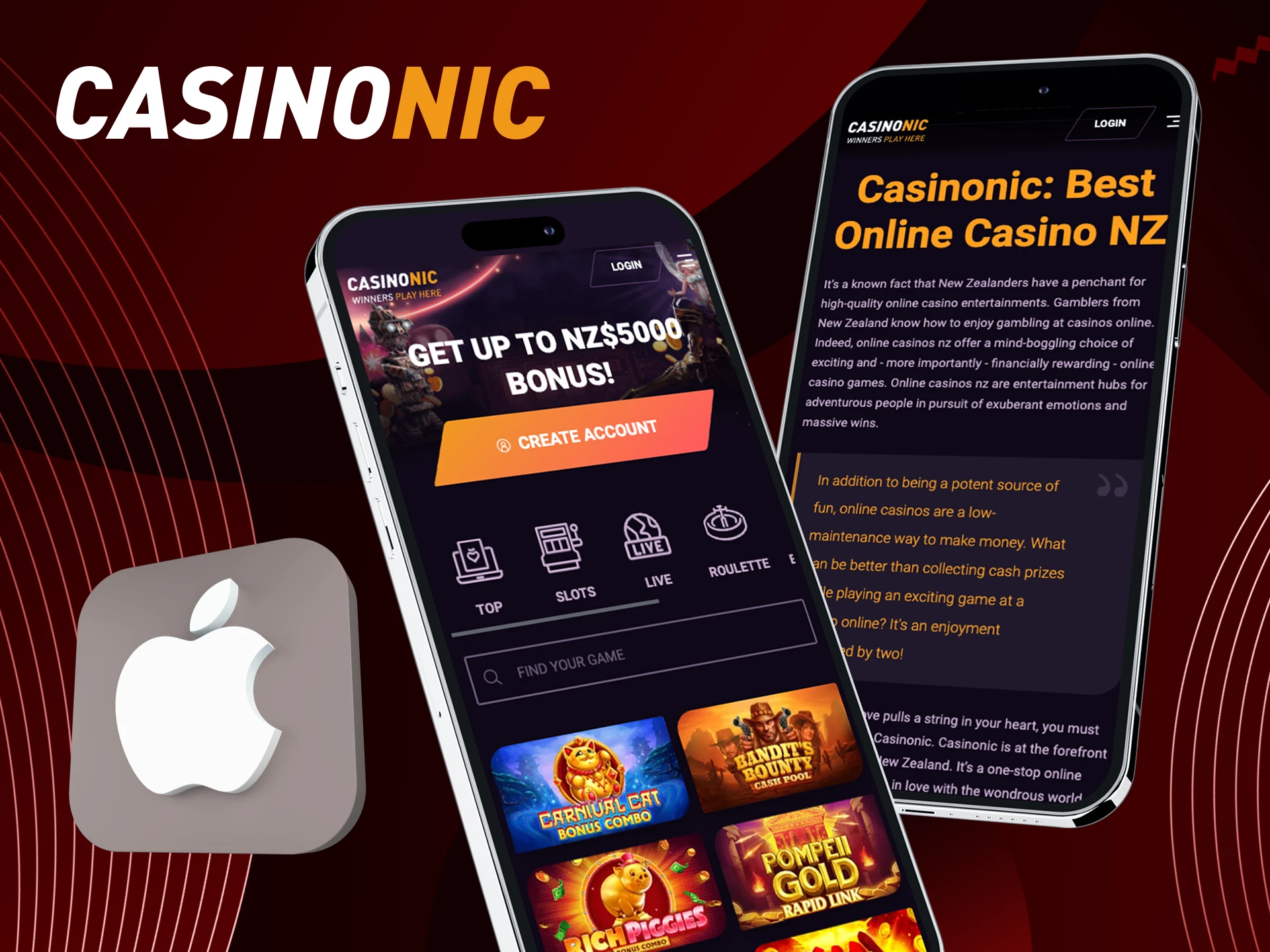 Instructions on how to download the CasinoNic online casino application for an iOS phone.