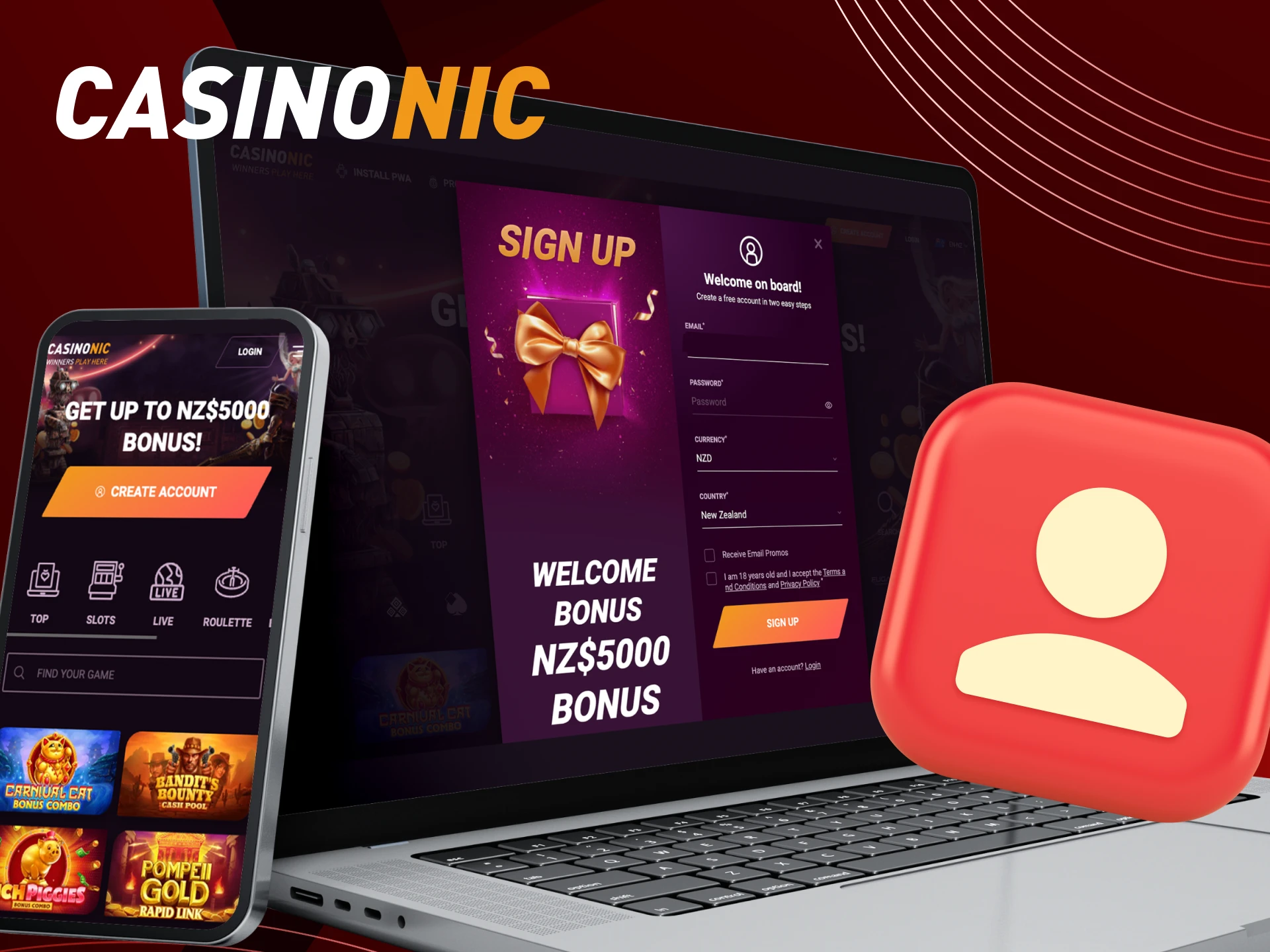 Instructions on how to create a new account in the online casino CasinoNic.