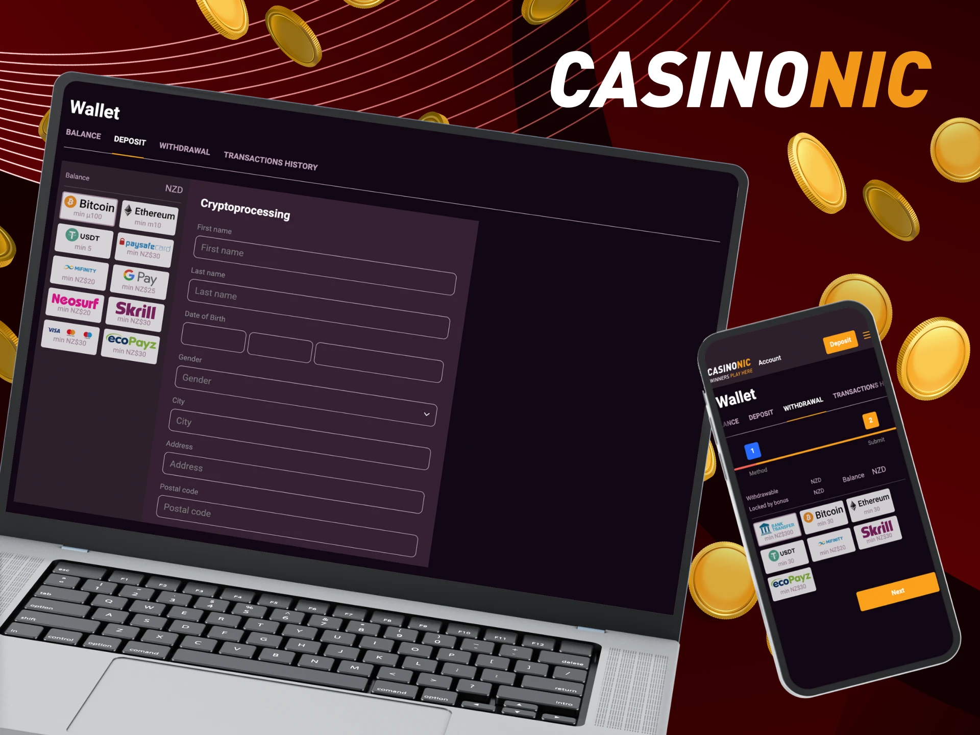 What are the deposit and withdrawal methods at CasinoNic online casino.