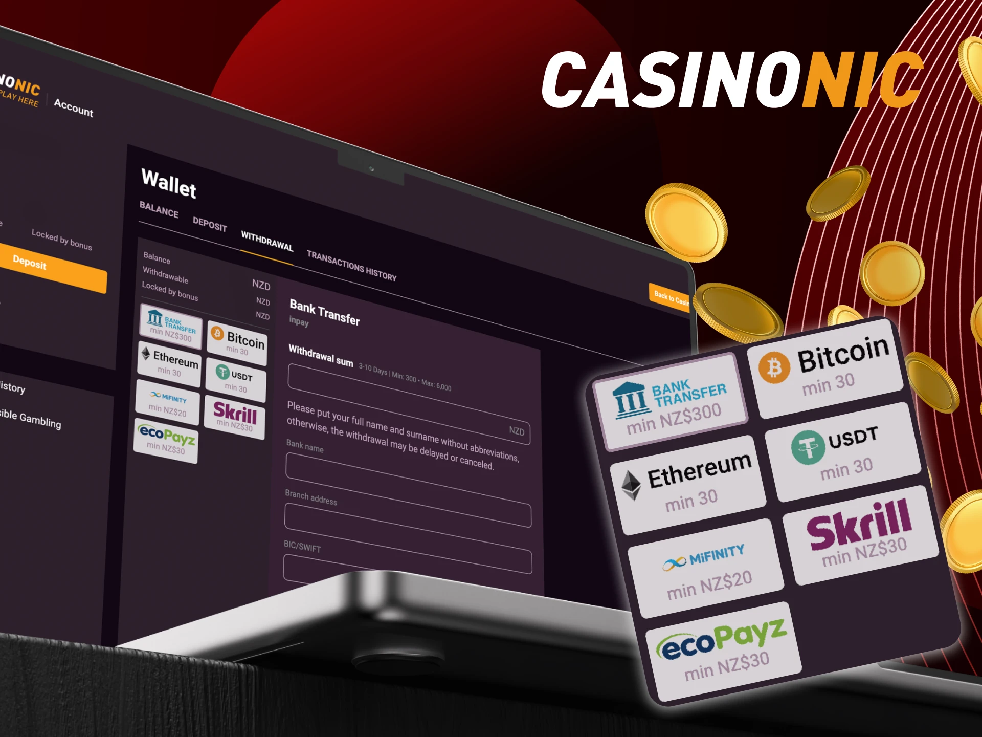What do I need to do to withdraw money from my account at the online casino CasinoNic.