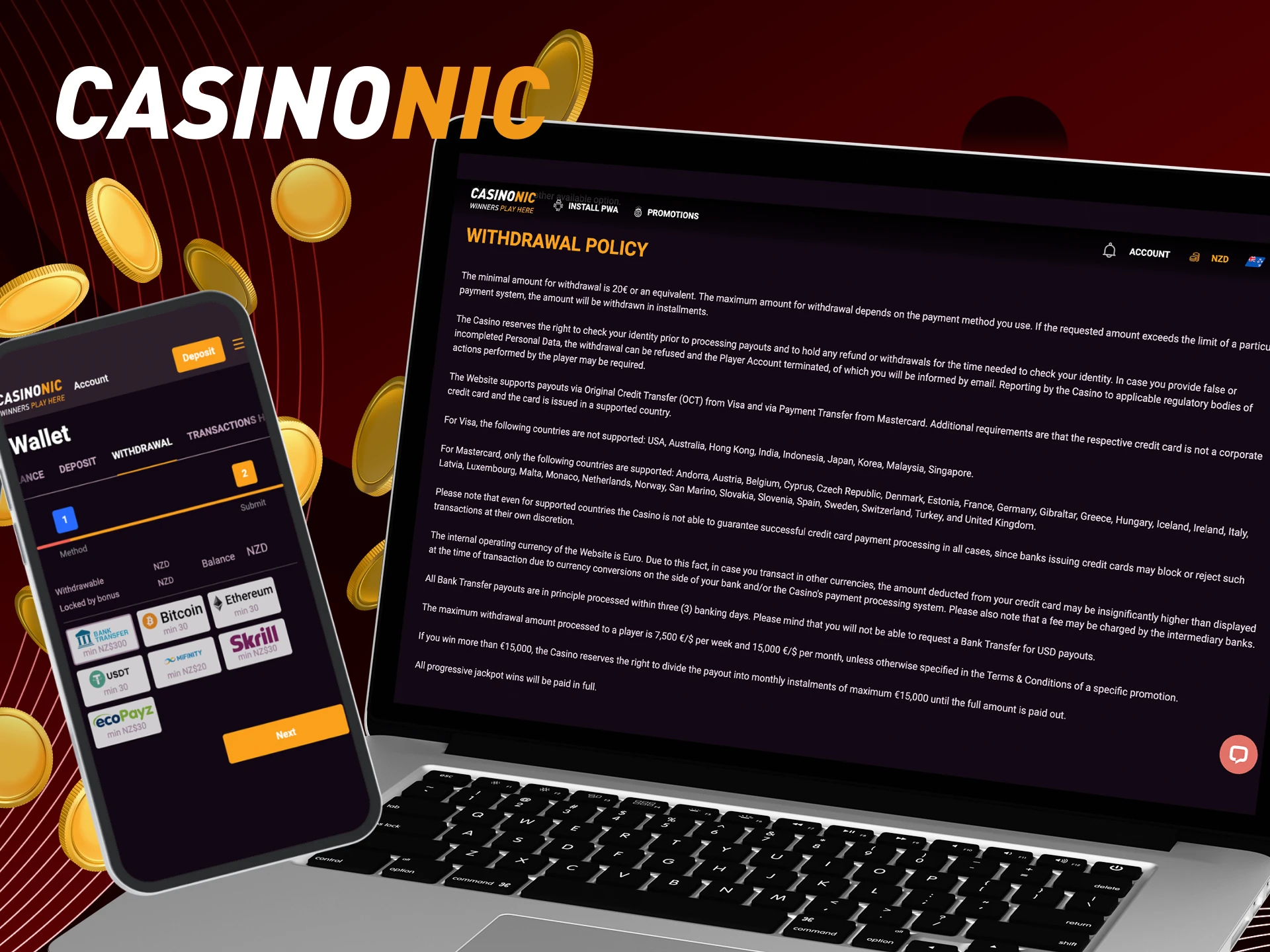 What are the conditions for withdrawing money from the online casino CasinoNic.
