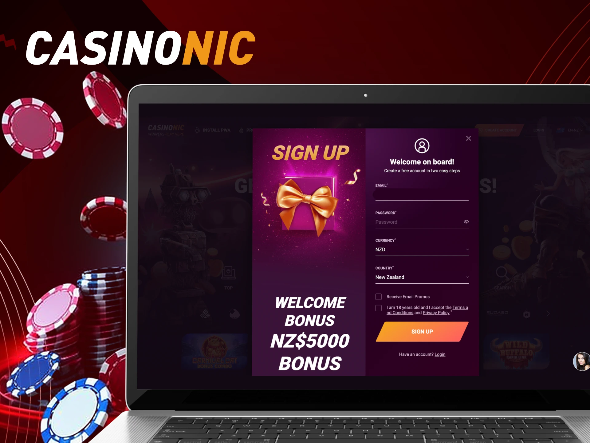 Step-by-step instructions for registering users in the online casino CasinoNic.