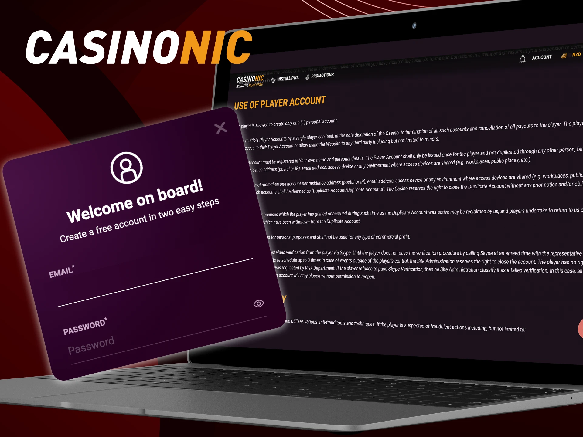 What are the conditions for creating a new account in the online casino CasinoNic.